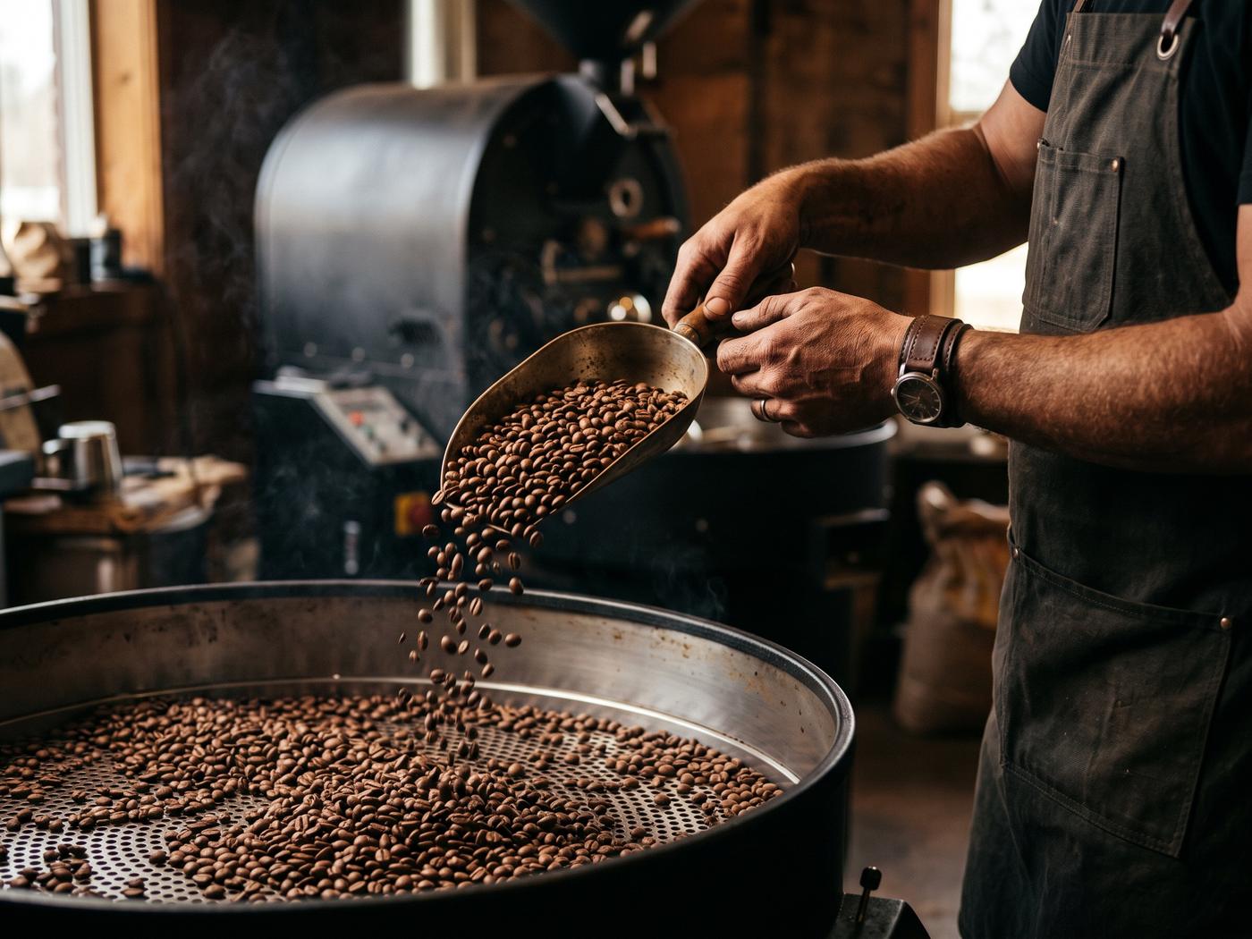 Ein Röster schüttet frisch geröstete Kaffeebohnen in die Kühltrommel