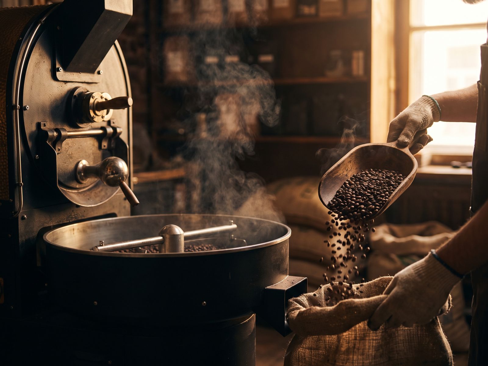 Frisch geröstete Bohnen fallen aus der Trommel eines Kaffeerösters